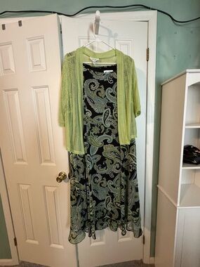 Studio I Black Paisley Maxi with Lime Knit Cardigan